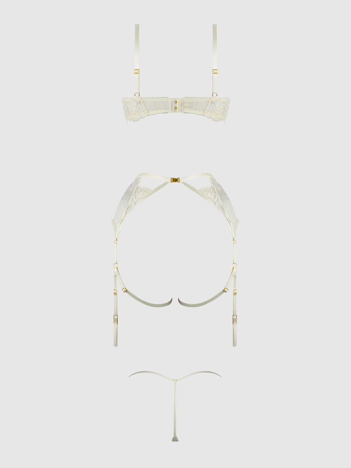 House of Desire Rosalie Embroidered Lace Open-Cup Bra, Garter & G-String Set - White - product view