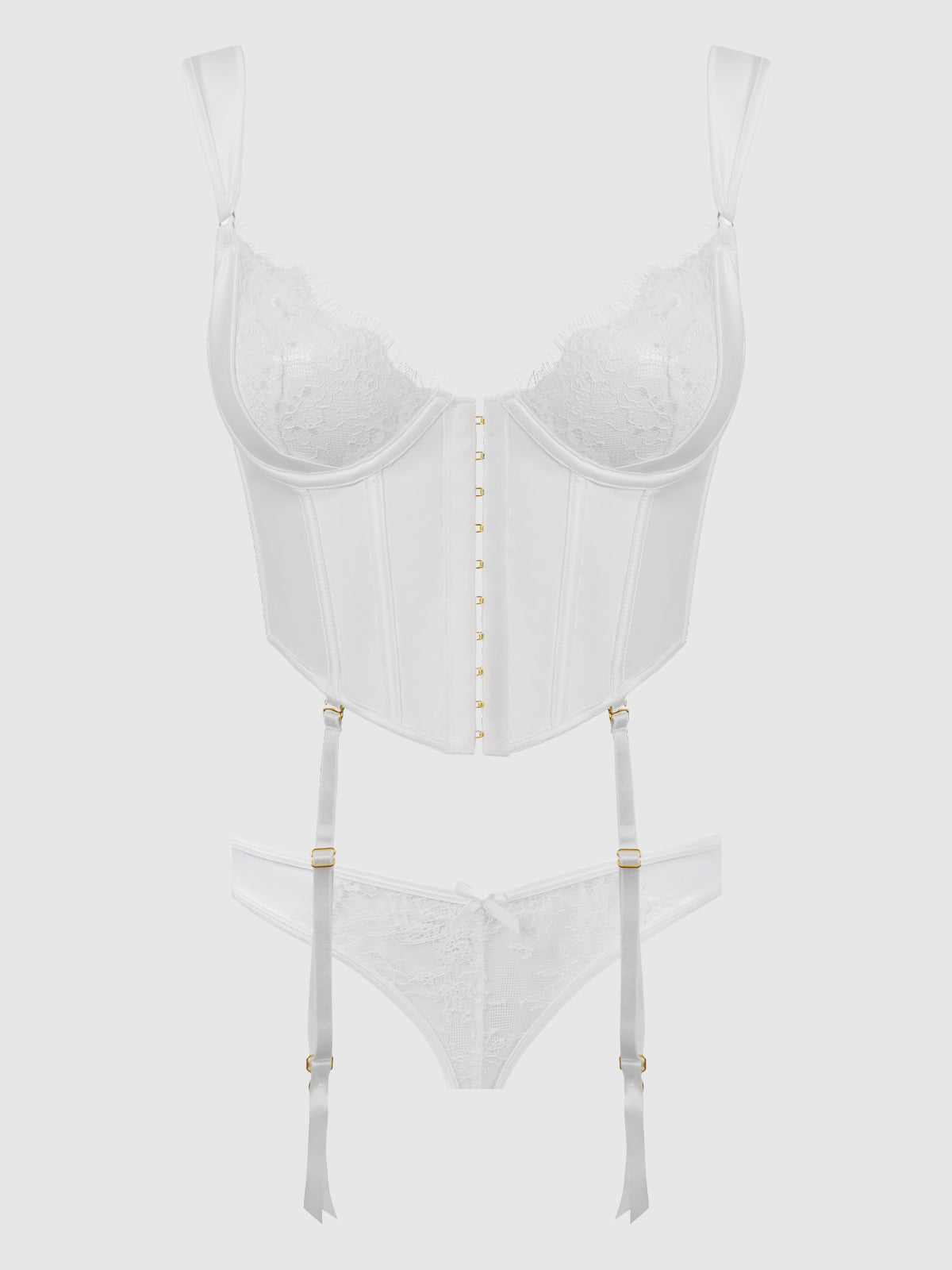House of Desire Bridal Satin & Lace Bustier & Backless Hipster Set - White - product view