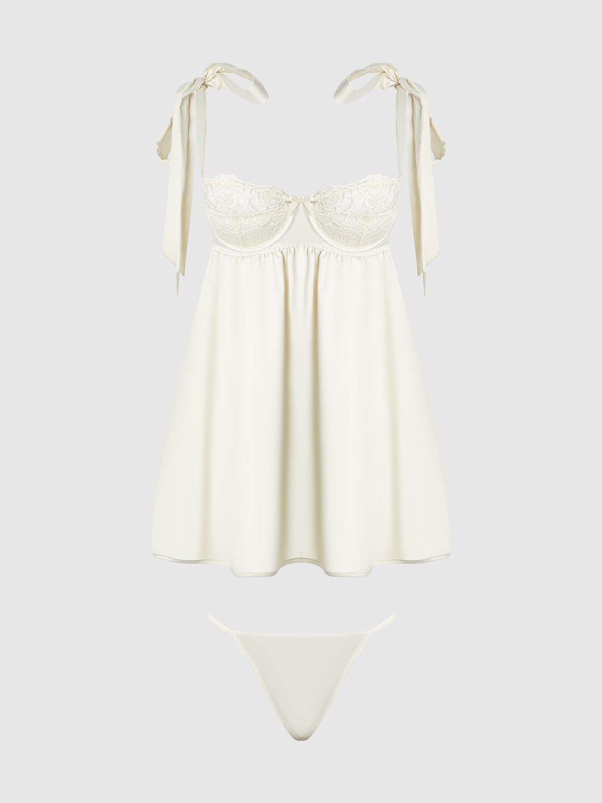 House of Desire Rosalie Satin & Embroidered Lace Babydoll & G-String Set - White - product view