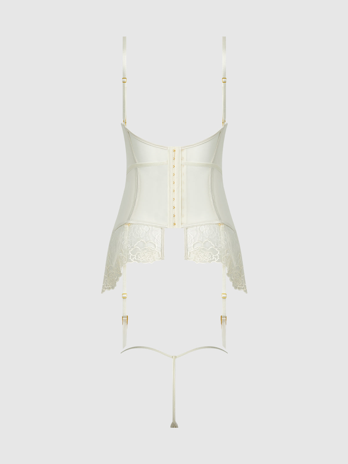 House of Desire Rosalie Satin & Embroidered Lace Chemise & G-String Set - White - product view
