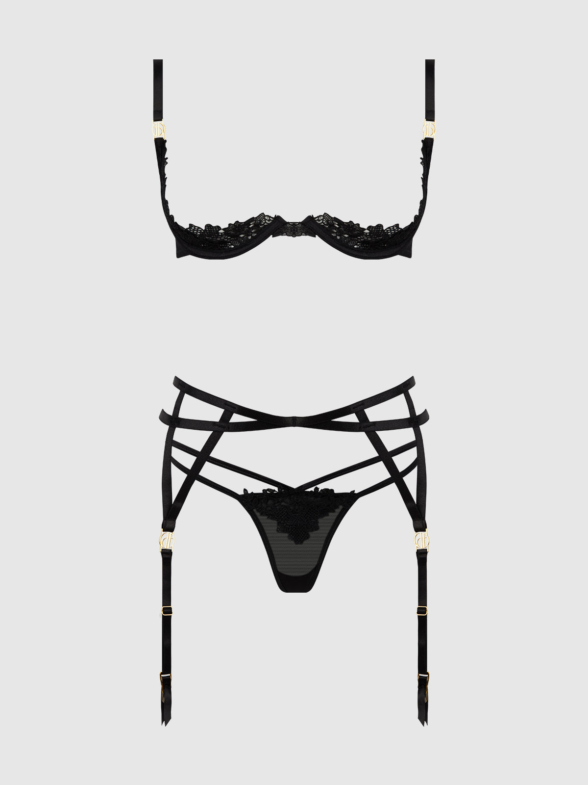 House of Desire Ashley Alexiss Lace Open Cup Bra, G-String & Garter Set - Black - product view