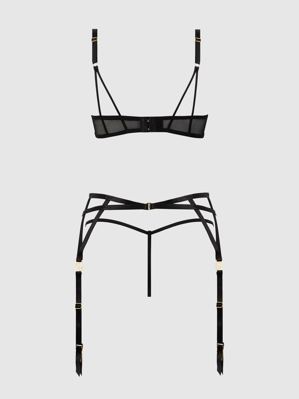 House of Desire Ashley Alexiss Lace Open Cup Bra, G-String & Garter Set - Black - product view