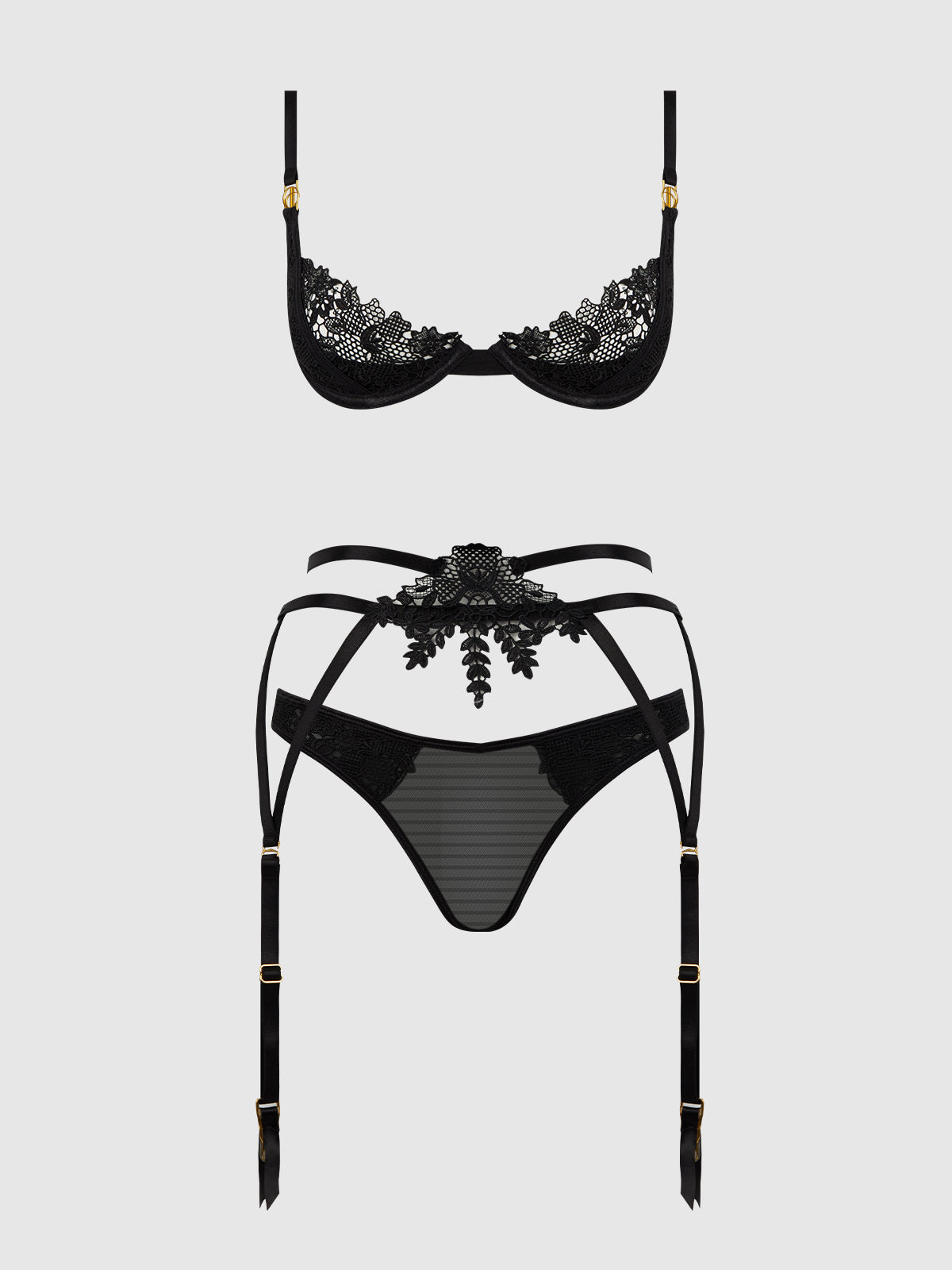 House of Desire Ashley Alexiss Lace Demi Bra, Bikini & Garter Set - Black - product view
