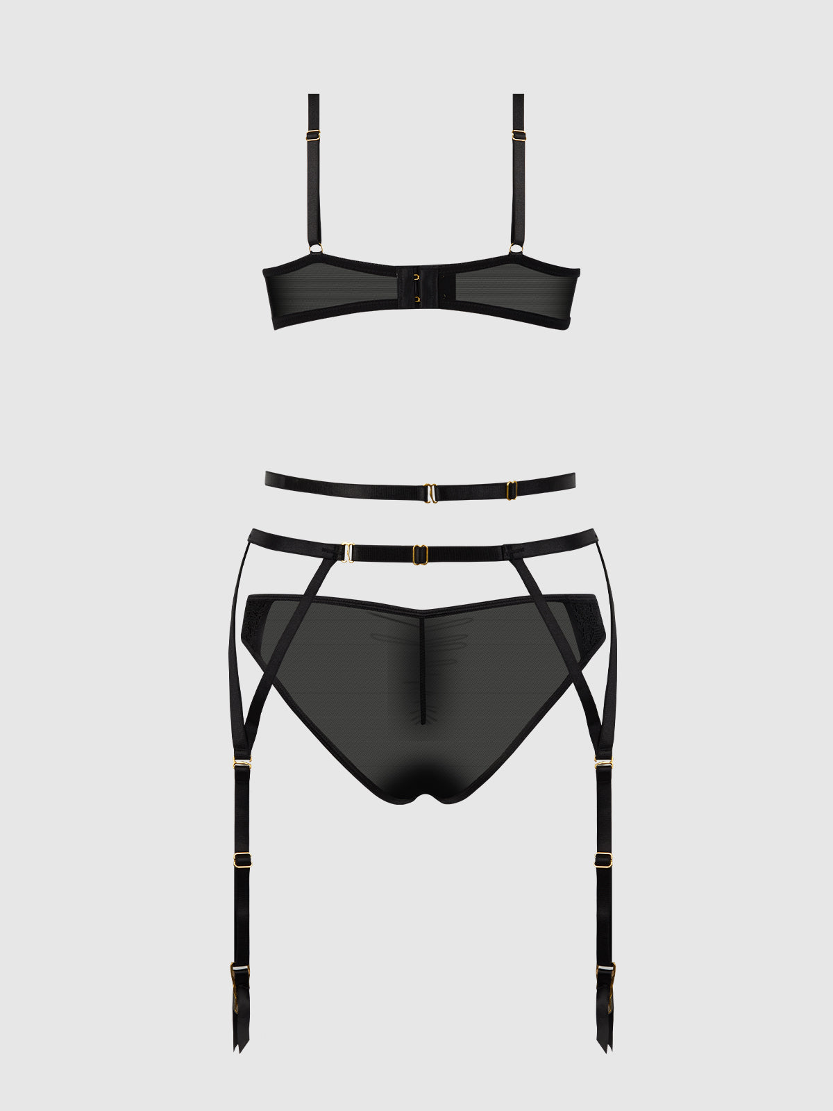 House of Desire Ashley Alexiss Lace Demi Bra, Bikini & Garter Set - Black - product view