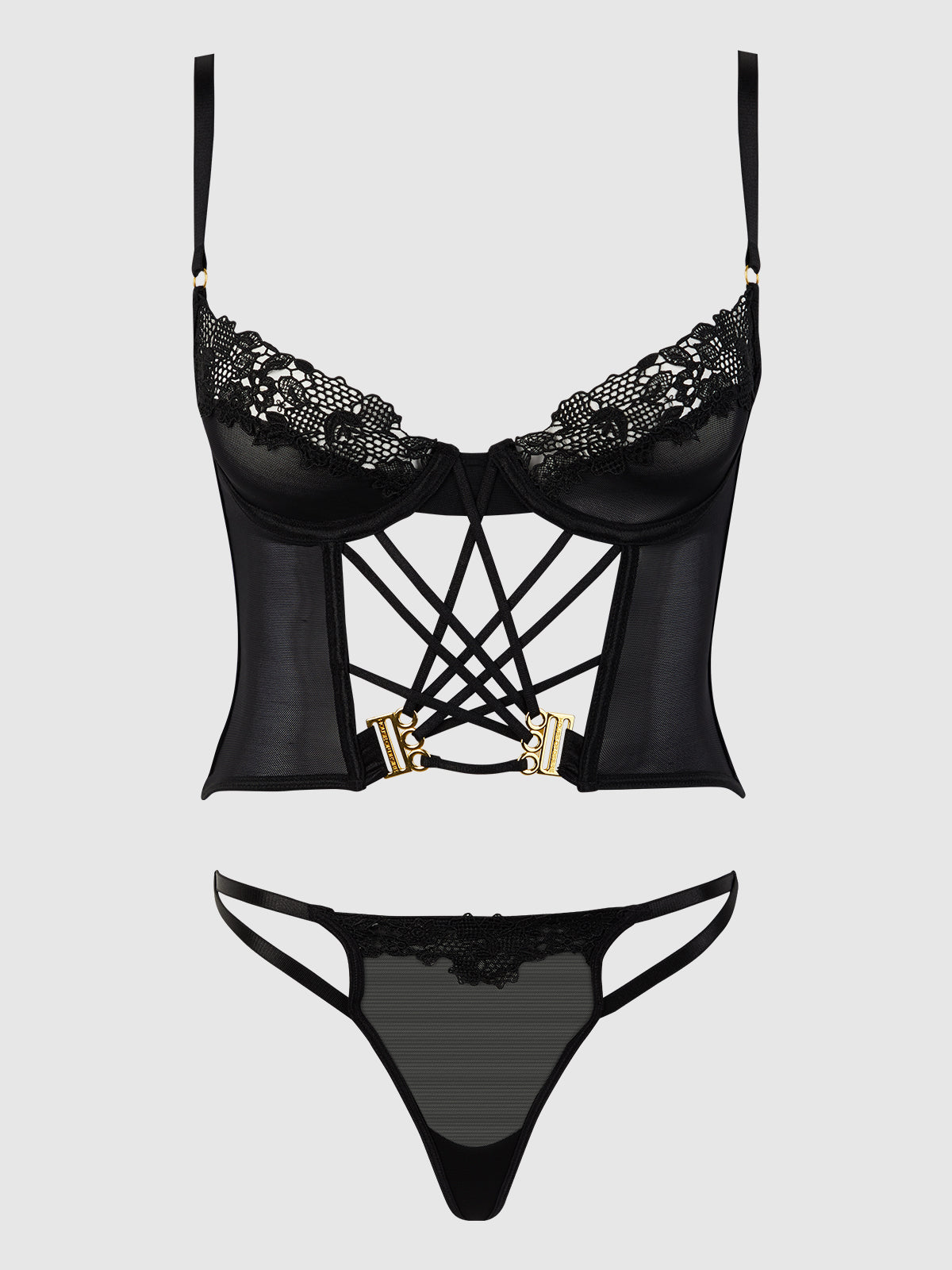 House of Desire Ashley Alexiss Lace Bustier & G-String Set - Black - product view