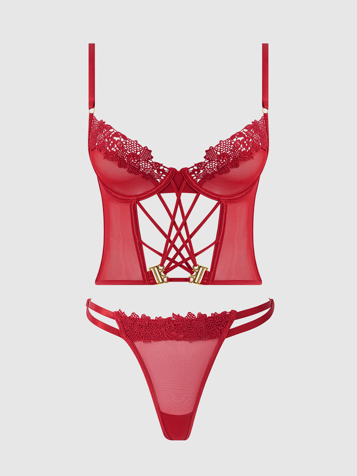 House of Desire Ashley Alexiss Lace Bustier & G-String Set - Red - product view