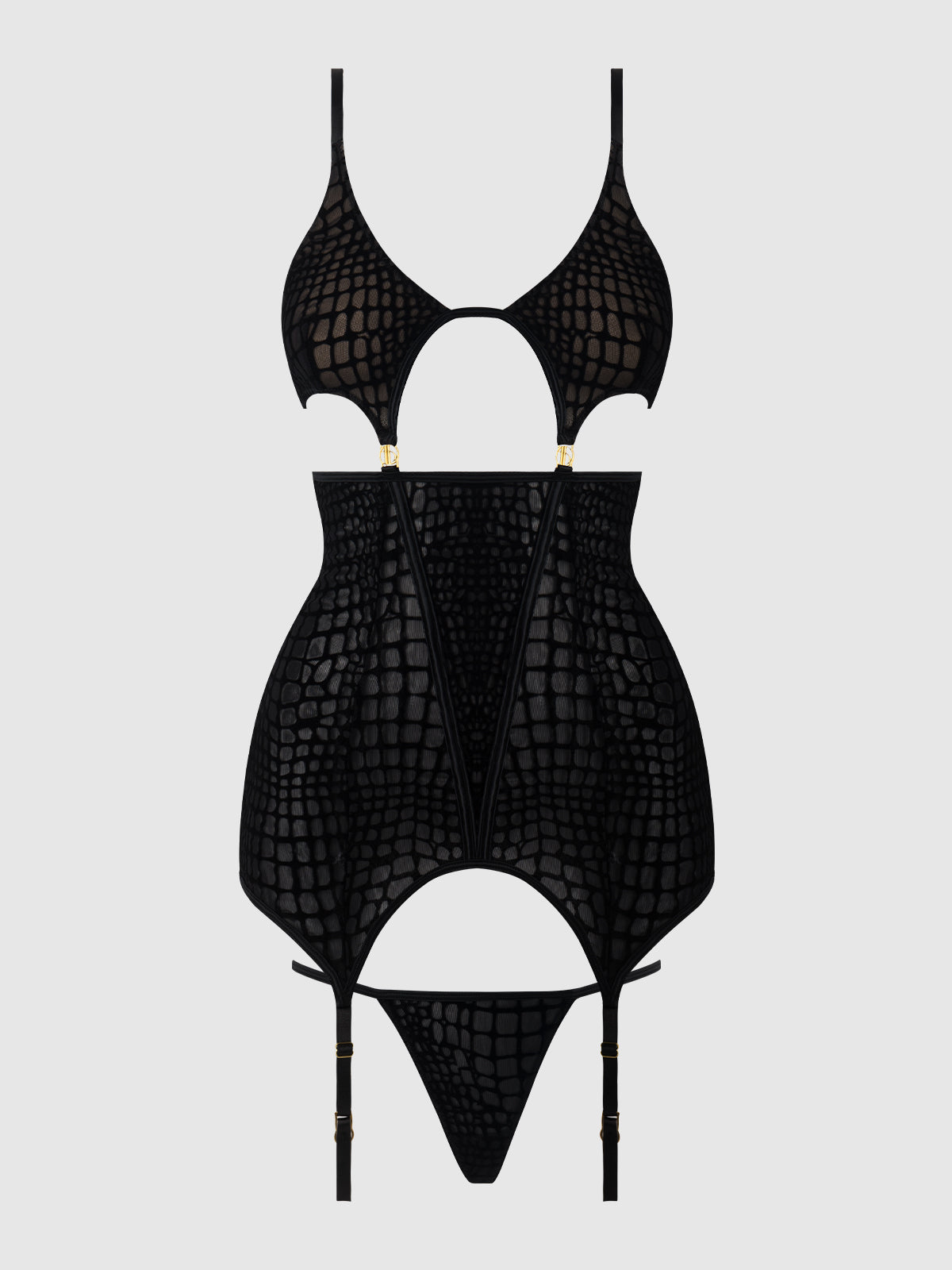 House of Desire Snake Velvet-Burnout Mesh Chemise & G-String Set - Black - product view