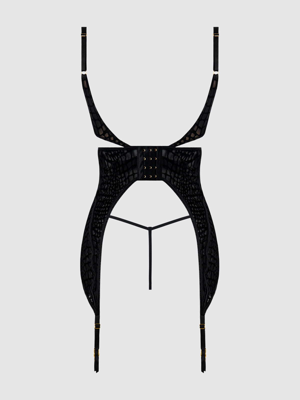 House of Desire Snake Velvet-Burnout Mesh Chemise & G-String Set - Black - product view