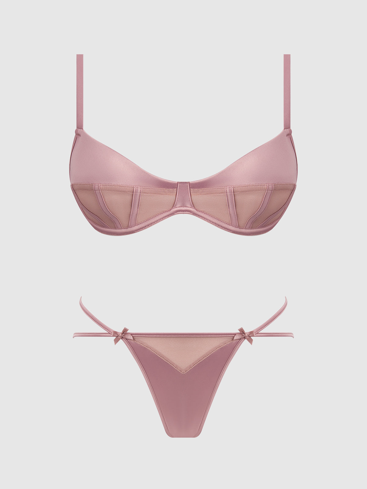 House of Desire Brigeta Satin & Mesh Corseted Bra & Open Back Hipster Set - Purple - product view