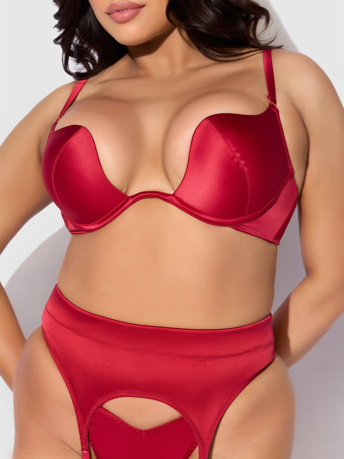 House of Desire Brigeta Satin Deep Plunge Push Up Bra, Garter & Thong Set - Red - product view