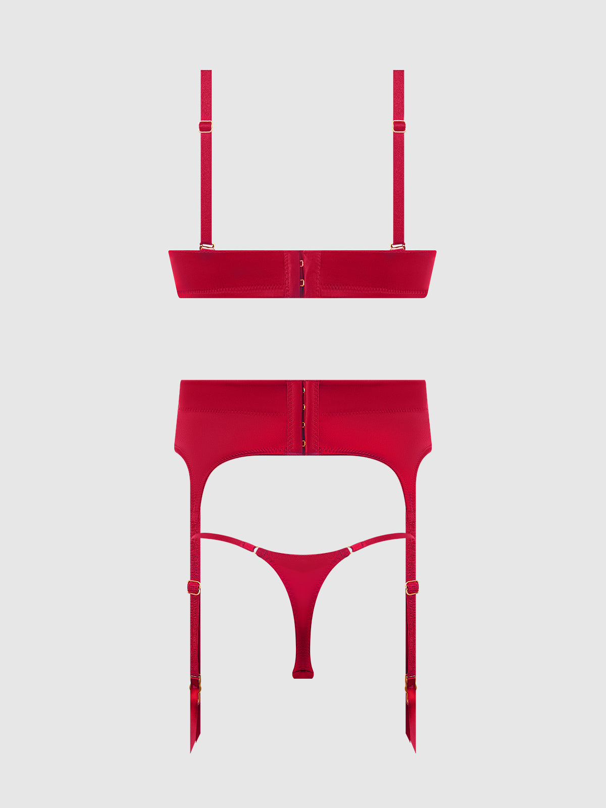 House of Desire Brigeta Satin Deep Plunge Push Up Bra, Garter & Thong Set - Red - product view