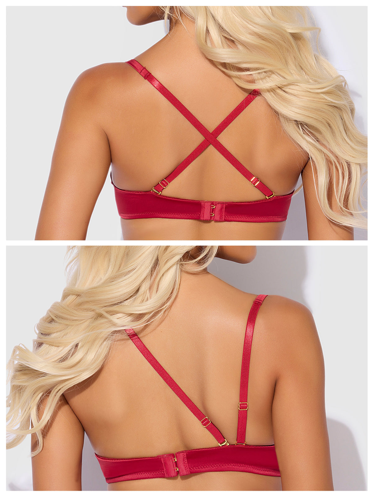 House of Desire Brigeta Satin Deep Plunge Push Up Bra, Garter & Thong Set - Red - product view