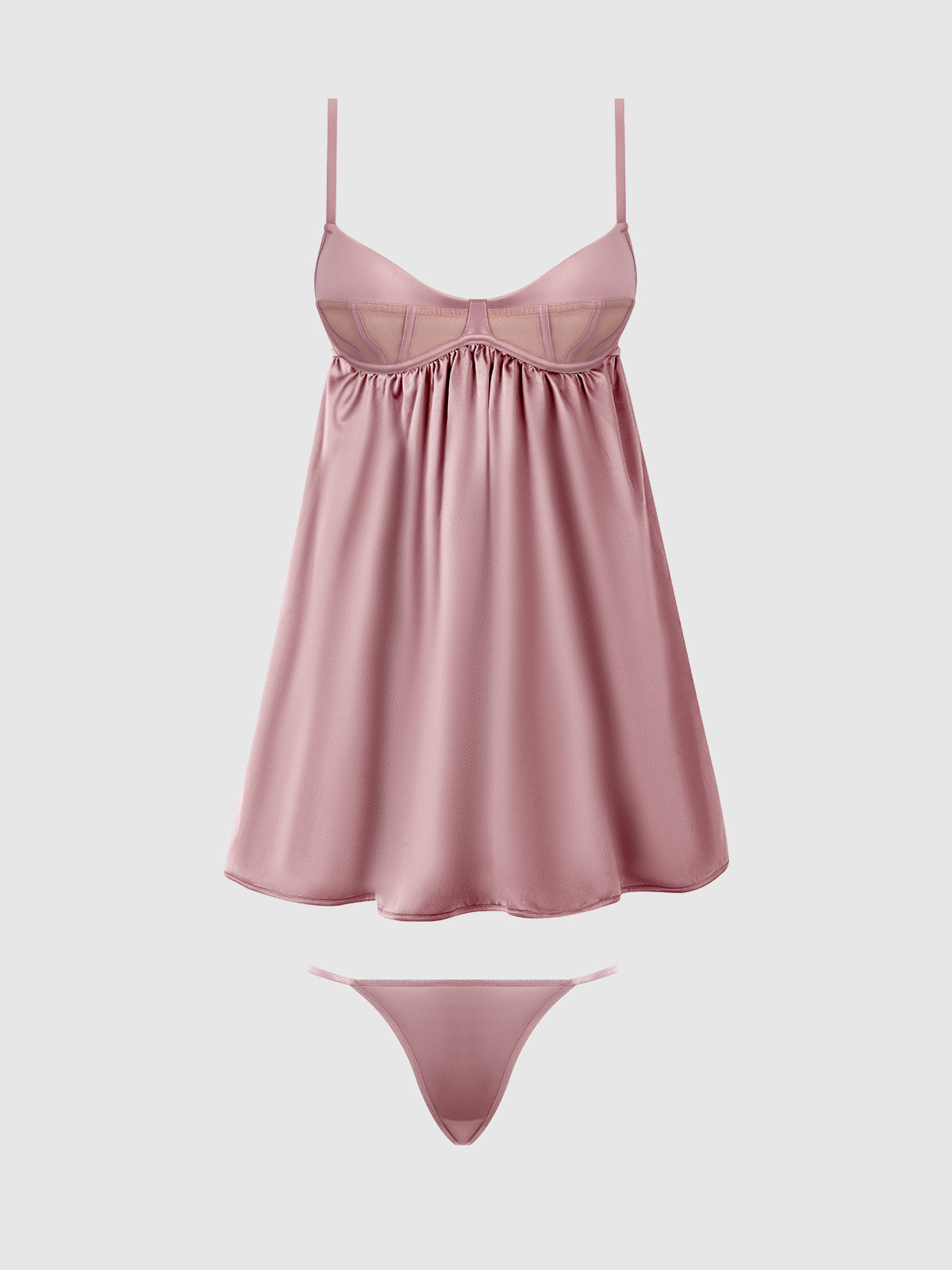 House of Desire Brigeta Satin & Mesh Corseted Babydoll & G-String Set - Purple - product view