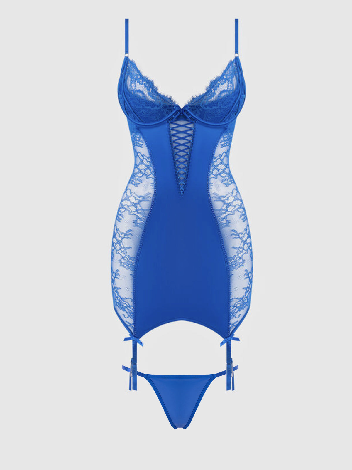 House of Desire Madeline Satin & Lace Chemise & G-String Set - Blue - product view