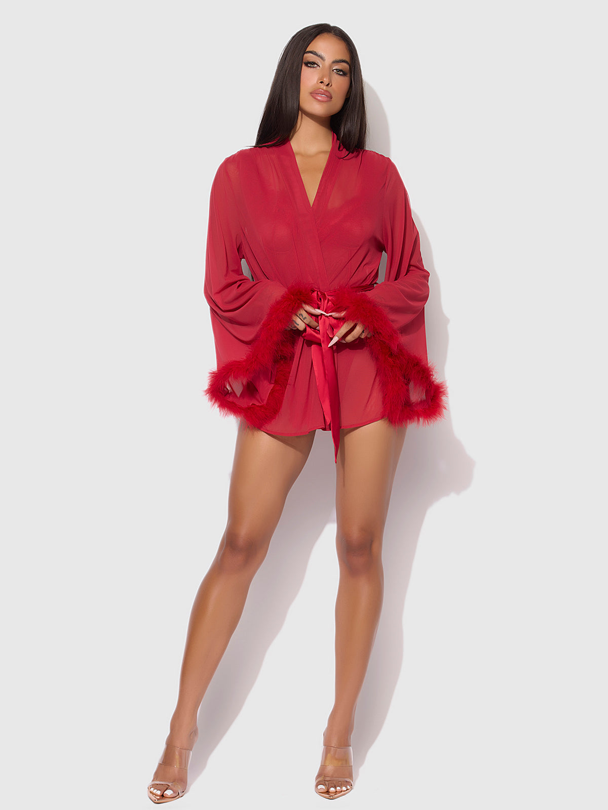 House of Desire Marilyn Marabou & Mesh Short Robe - Red - product view