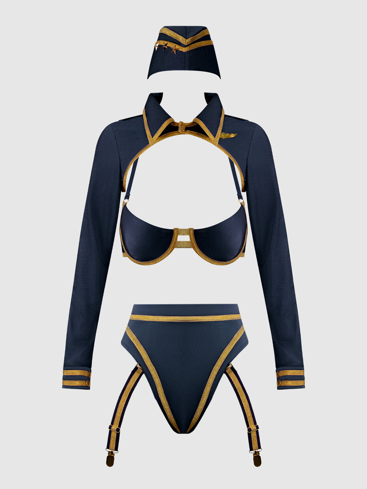 House of Desire Flying High Pilot Bra Top, High Waist Panty & Hat Set - Multicolor - product view