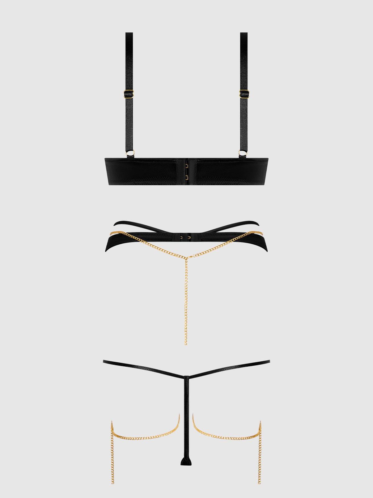 House of Desire Evangeline Satin & Chain Bra, Thigh Garter & G-String Set - Black - product view