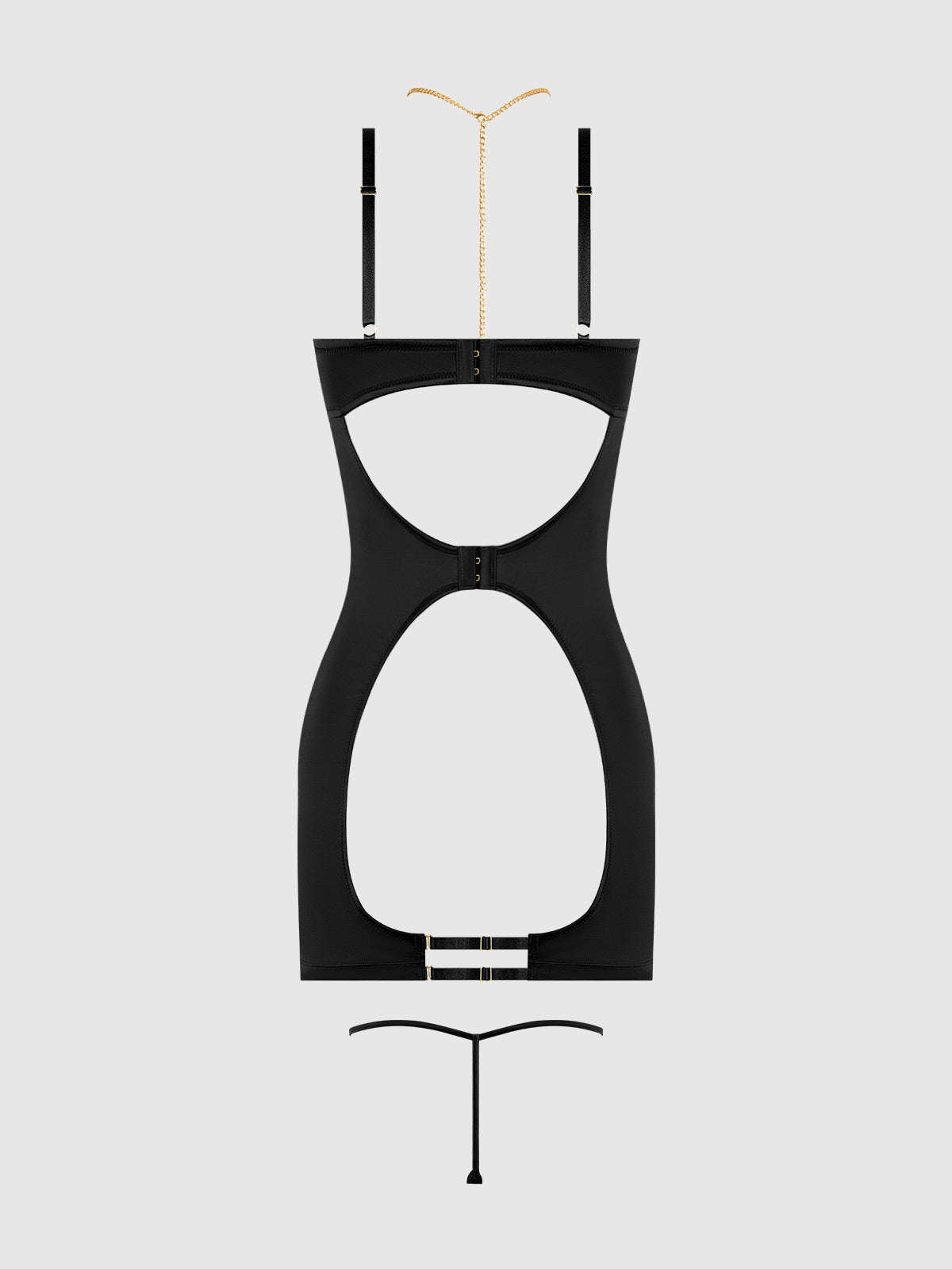 House of Desire Evangeline Satin & Chain Cutout Cup & Open Back Chemise Set - Black - product view