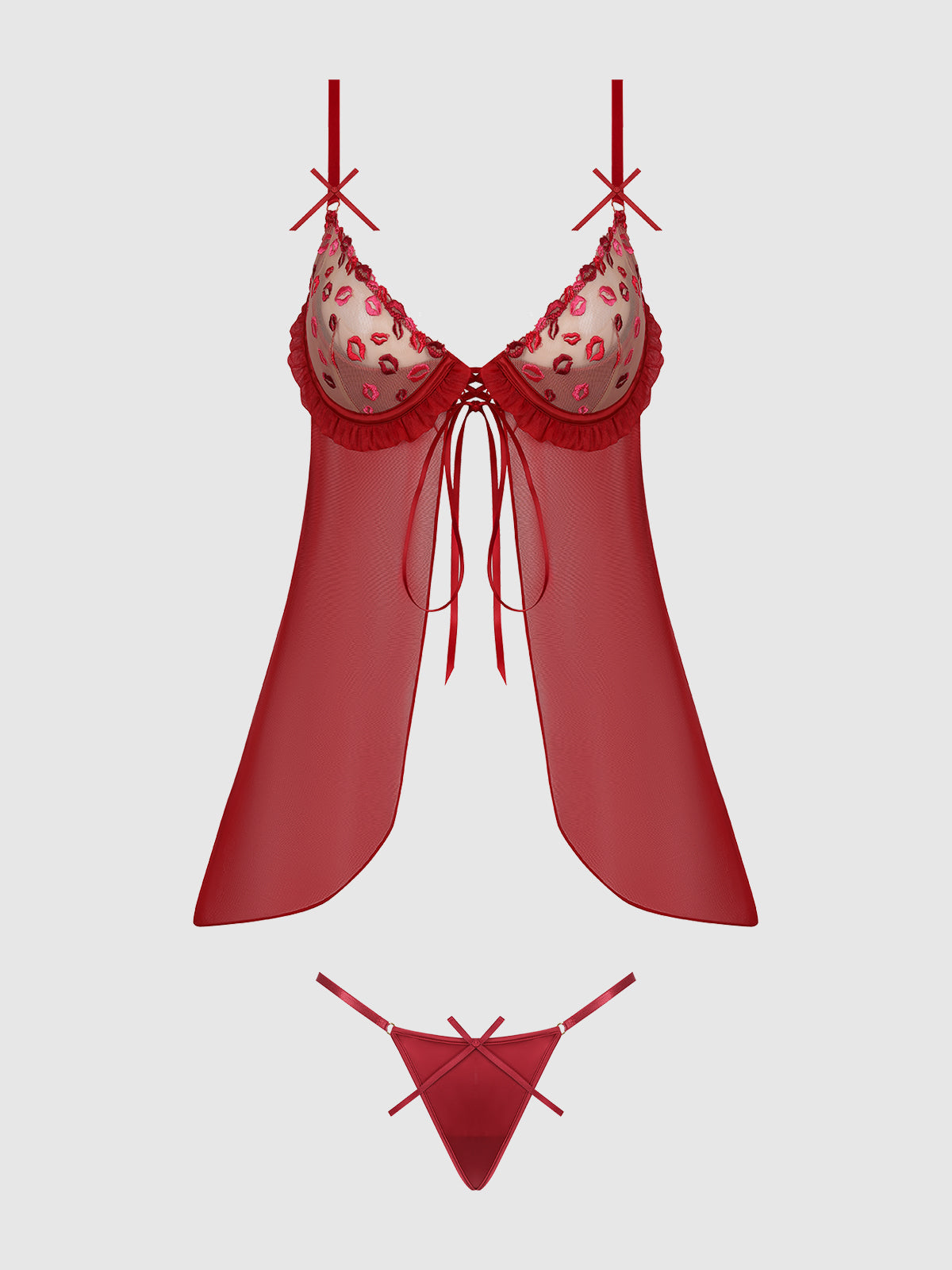 House of Desire Angelina Lips Embroidery Babydoll & Bow G-String Set - Red - product view
