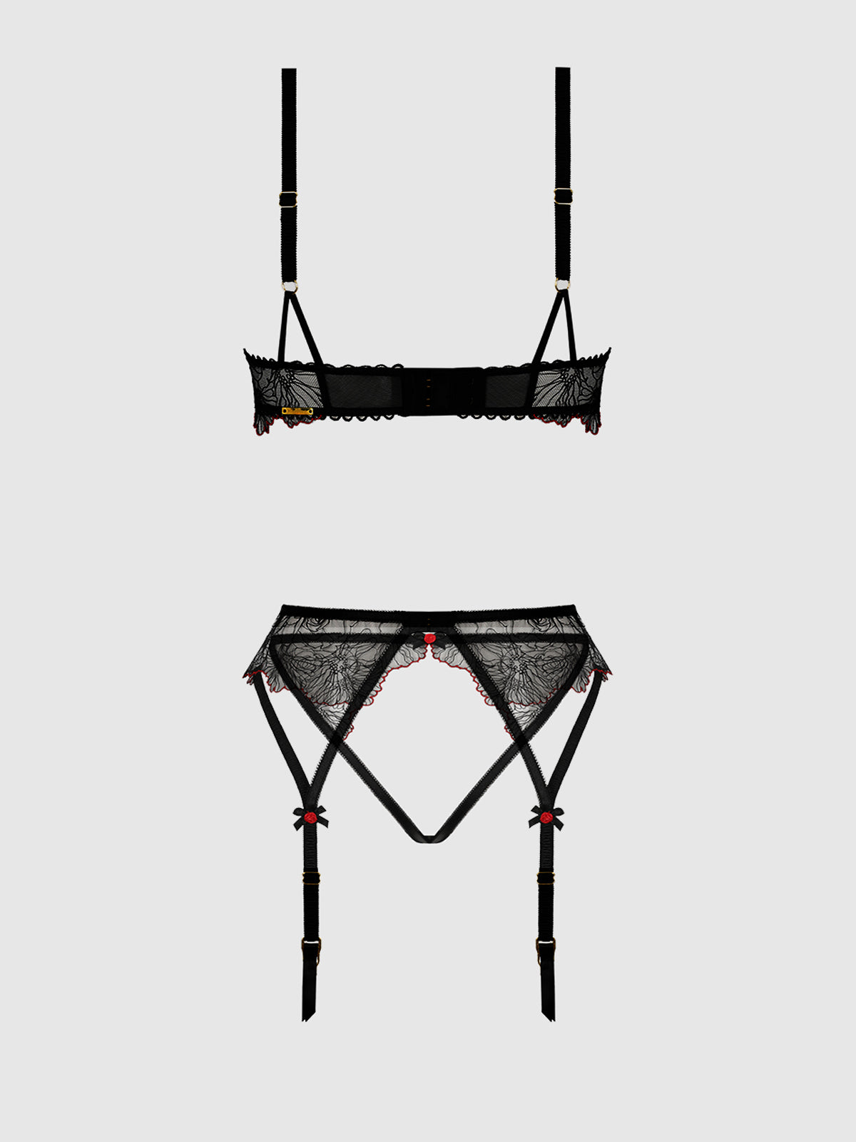 House of Desire Ilena Embroidered Tulle Bra, Garter & Crotchless Bikini - Black - product view