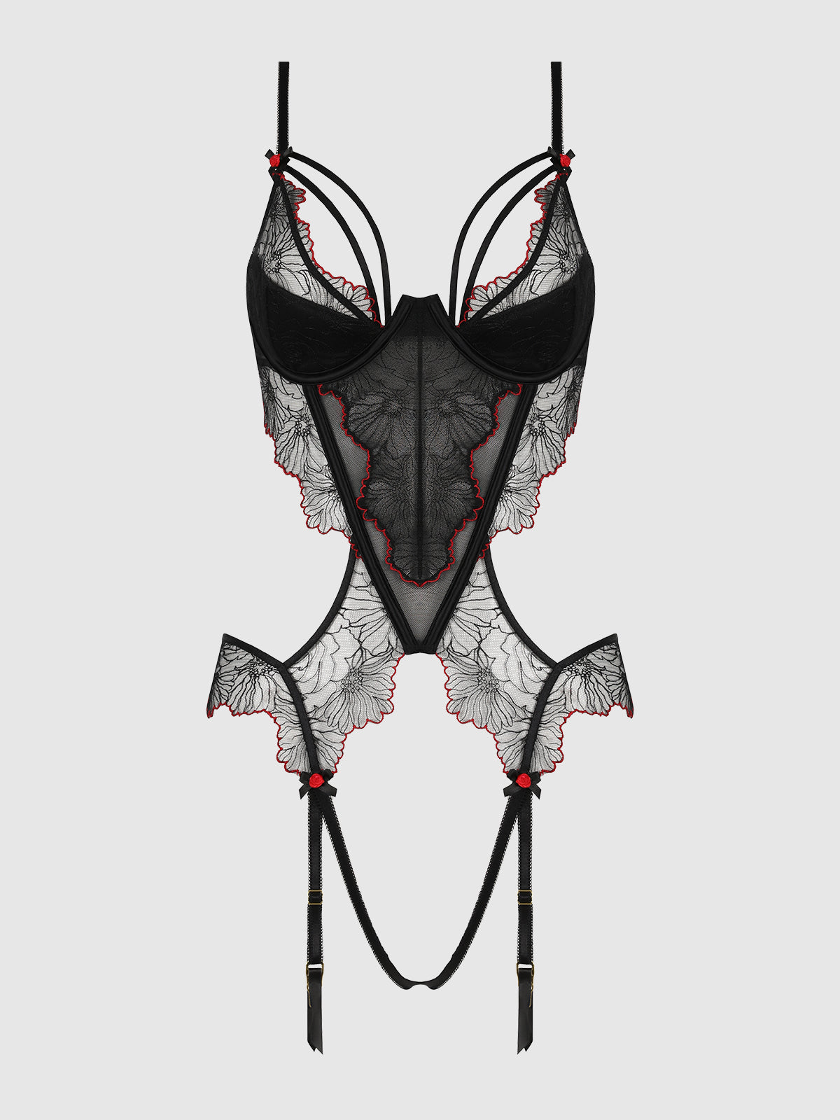 House of Desire Ilena Embroidered Tulle Crotchless & Open Back Teddy - Black - product view