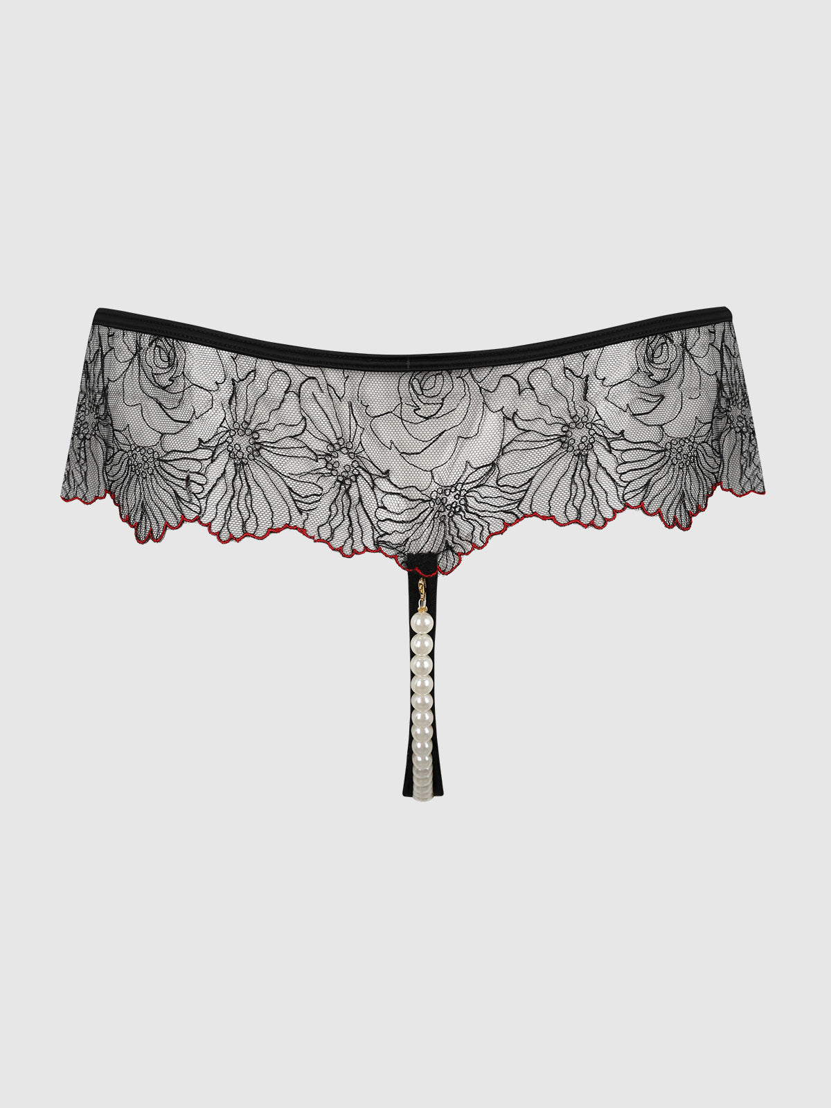 House of Desire Ilena Embroidered Tulle & Pearl Crotchless Thong - Black - product view