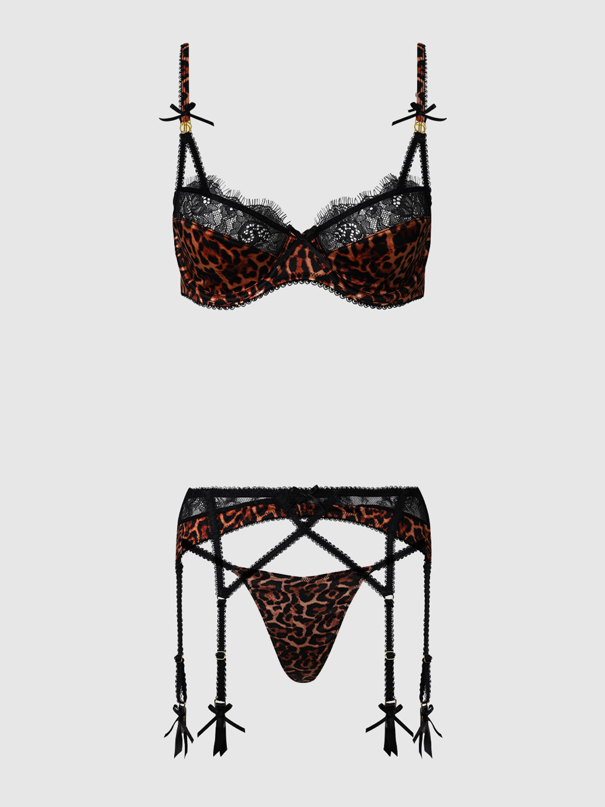 House of Desire Devon Leopard and Lace 3 Piece Bra, Waist Garter & G-String Set - Brown - product view