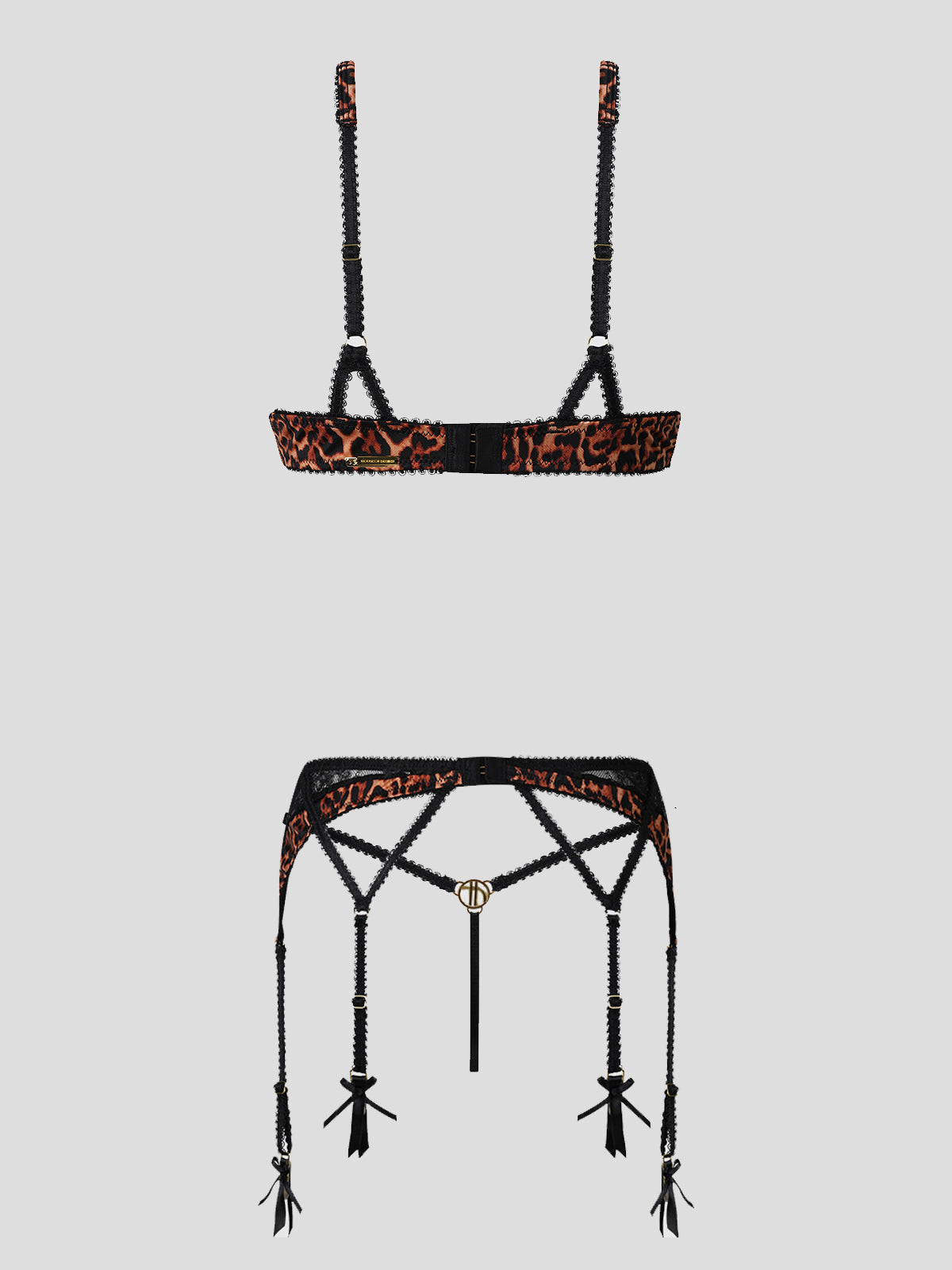 House of Desire Devon Leopard and Lace 3 Piece Bra, Waist Garter & G-String Set - Brown - product view