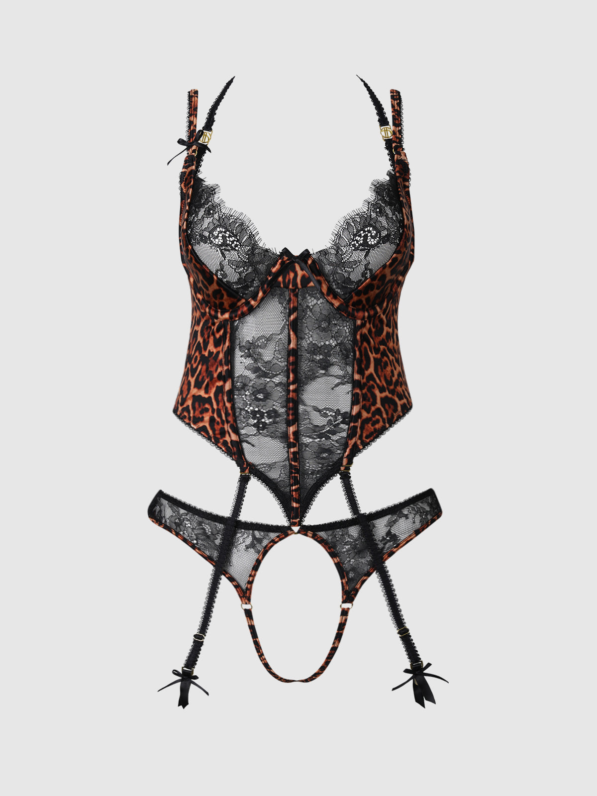 House of Desire Devon Leopard and Lace Crotchless Teddy - Brown - product view