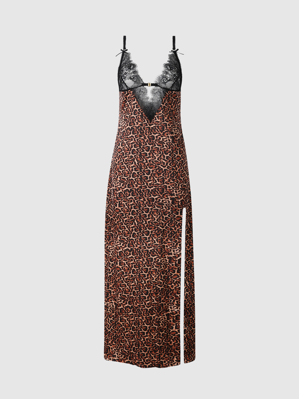 House of Desire Devon Leopard and Lace Gown with Side Slit - Brown - product view
