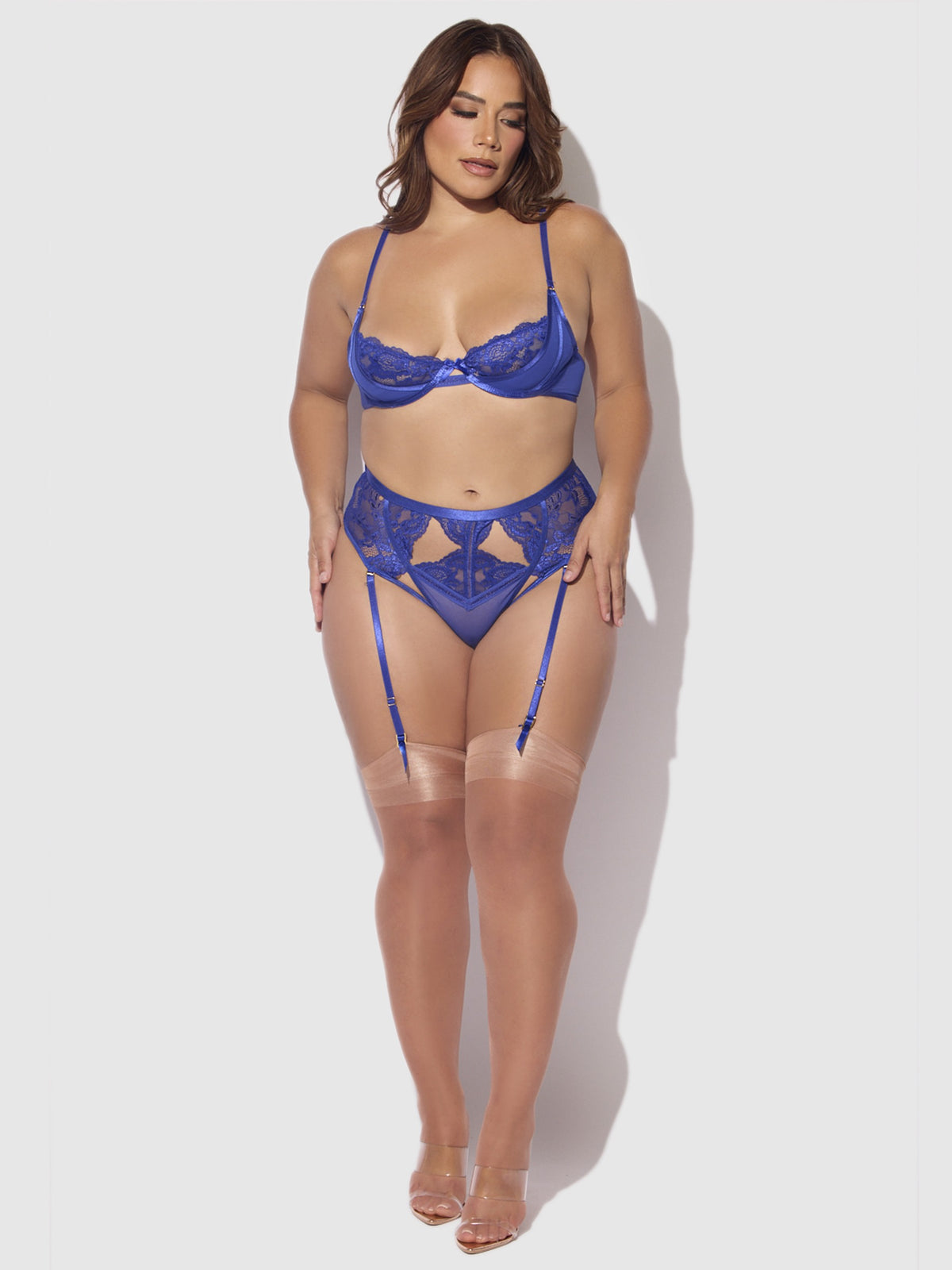 House of Desire Harlow Lace Underwire Bra & High Waist Backless Panty Set - Blue - product view 3