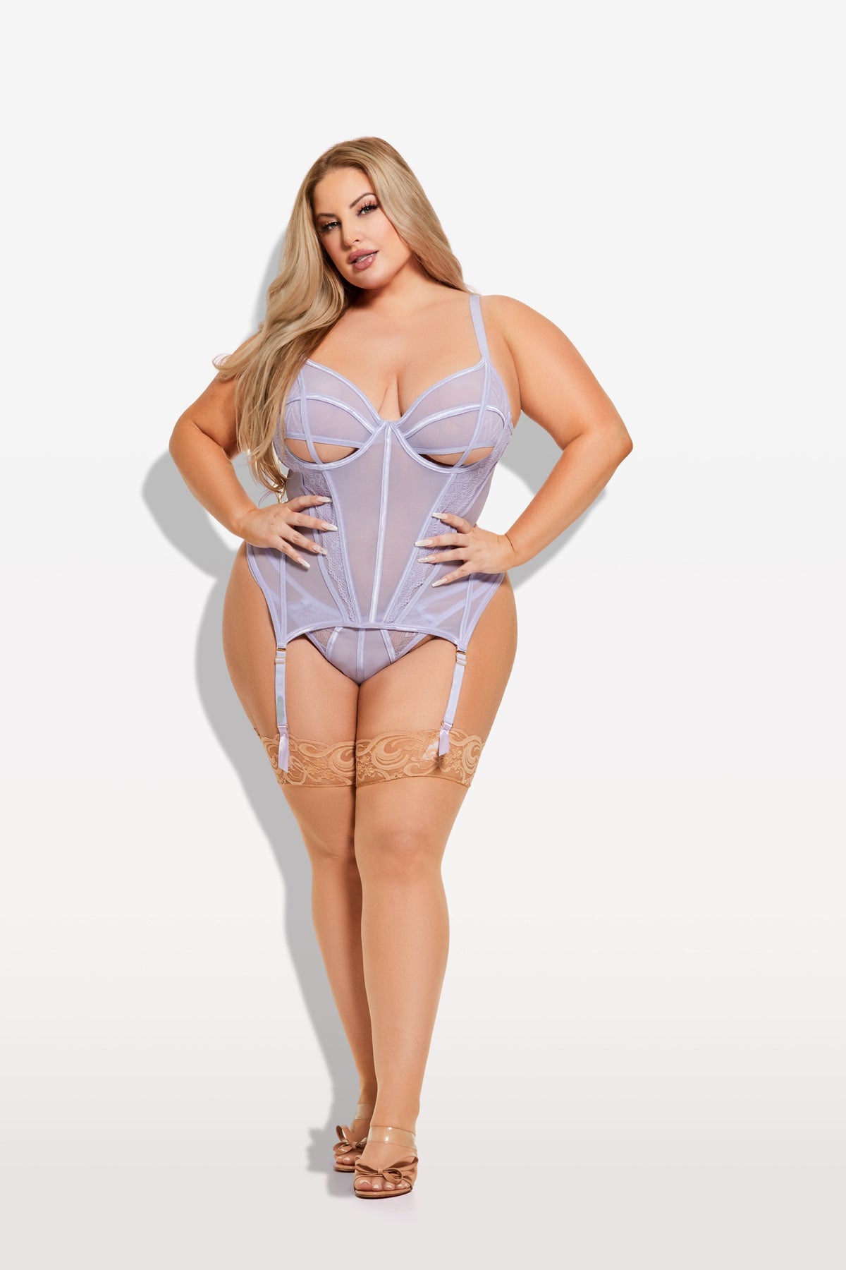 House of Desire Vivienne Lace & Mesh Bustier & G-String Set - Purple - product view 5