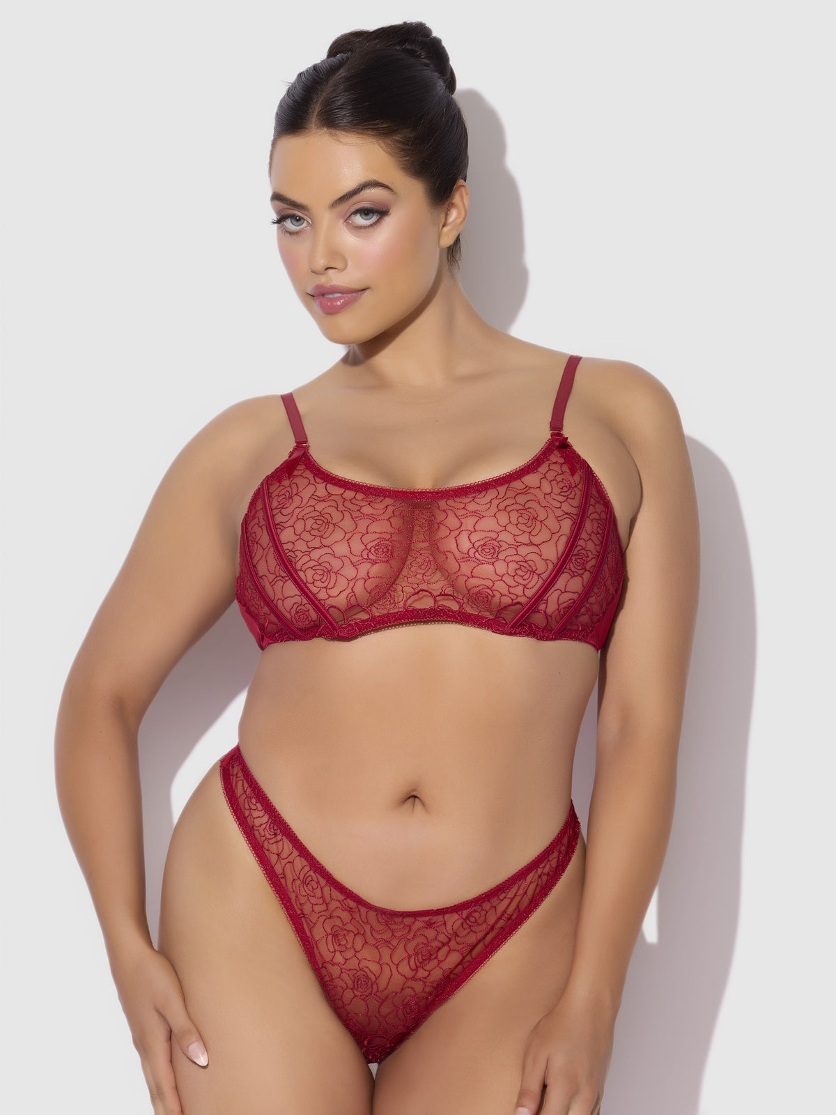 House of Desire Rosalie Embroidered Lace Garter Bralette & Tanga Set - Red - product view 4