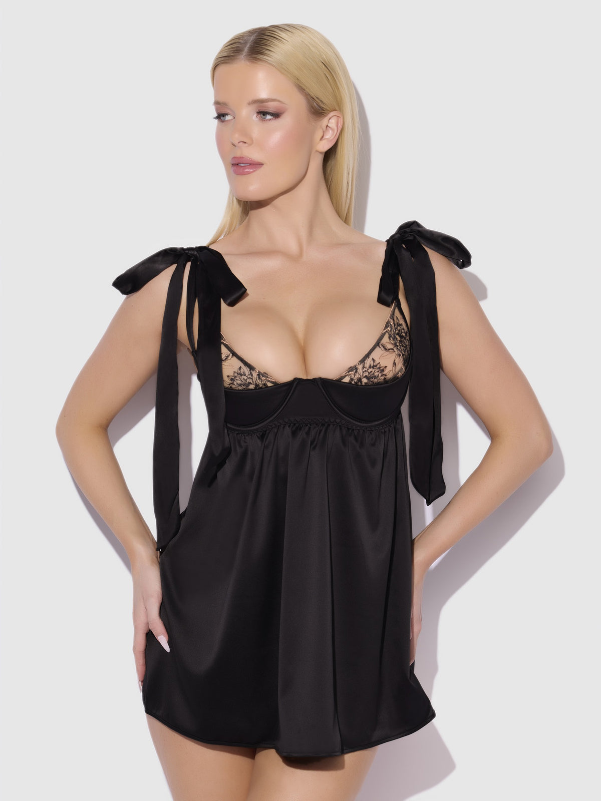 House of Desire Brigeta Satin Open Cup Babydoll & G-String Set - Black - model wearing the product