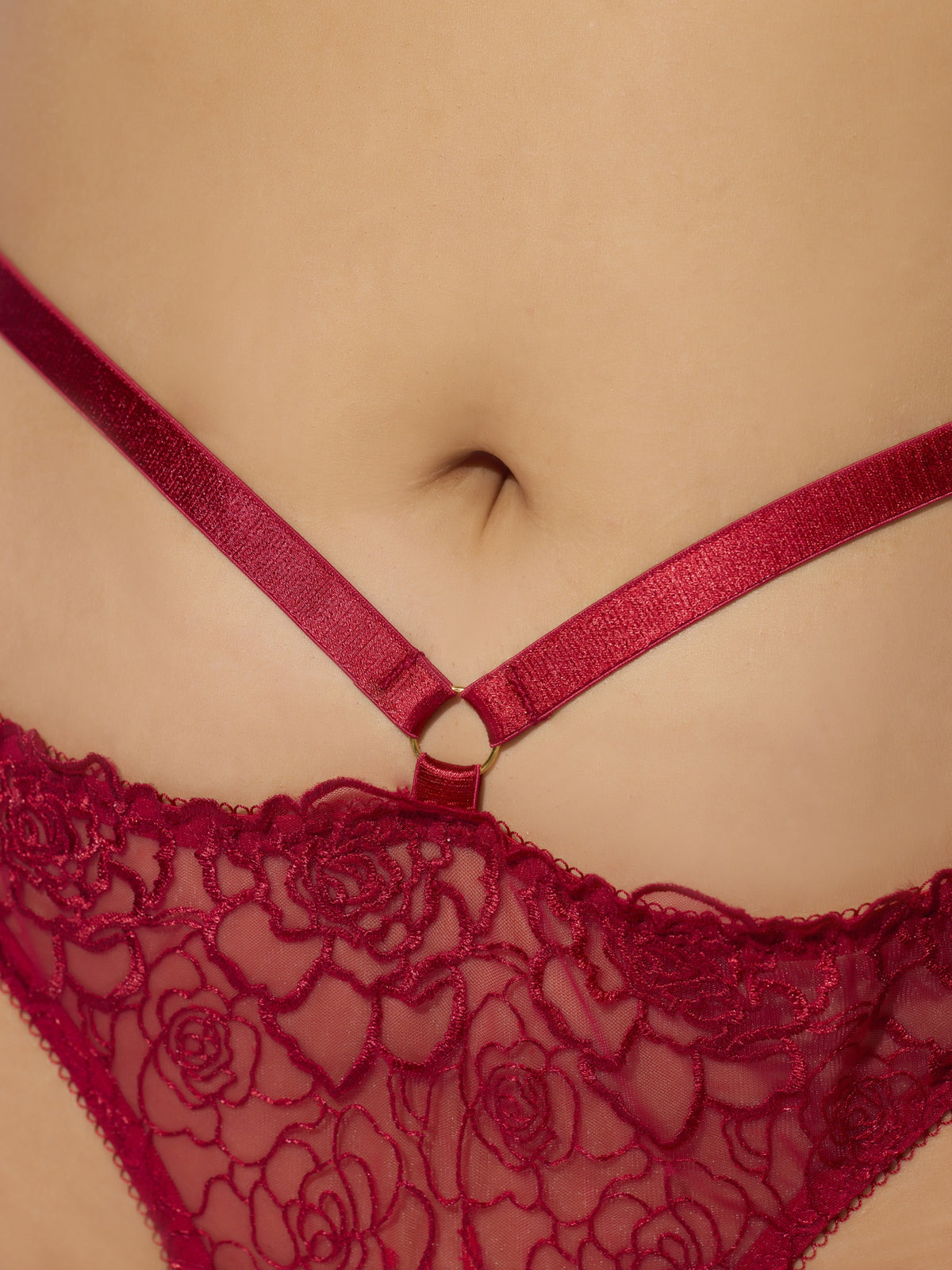 House of Desire Rosalie Satin & Embroidered Lace Strappy Tanga - Red - product view 3