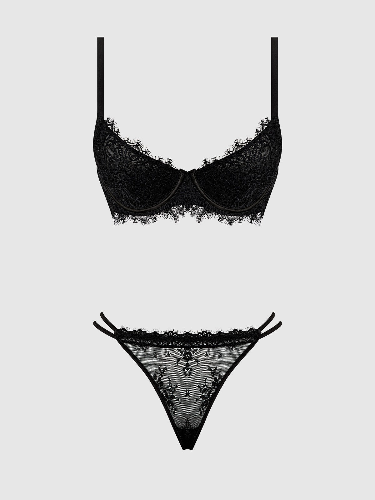 House of Desire Jocelyn Lace & Satin Push Up Bra Strappy Thong Set - Black - product view 9