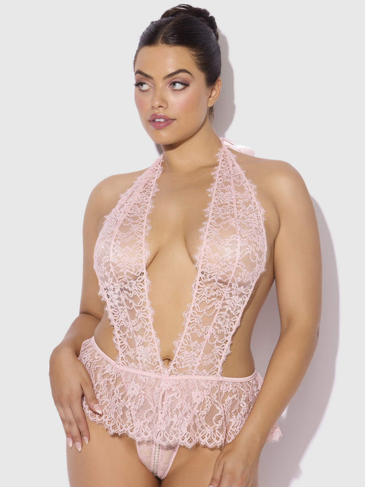 House of Desire Jocelyn Lace & Pearl Crotchless Teddy - Pink - product view 3