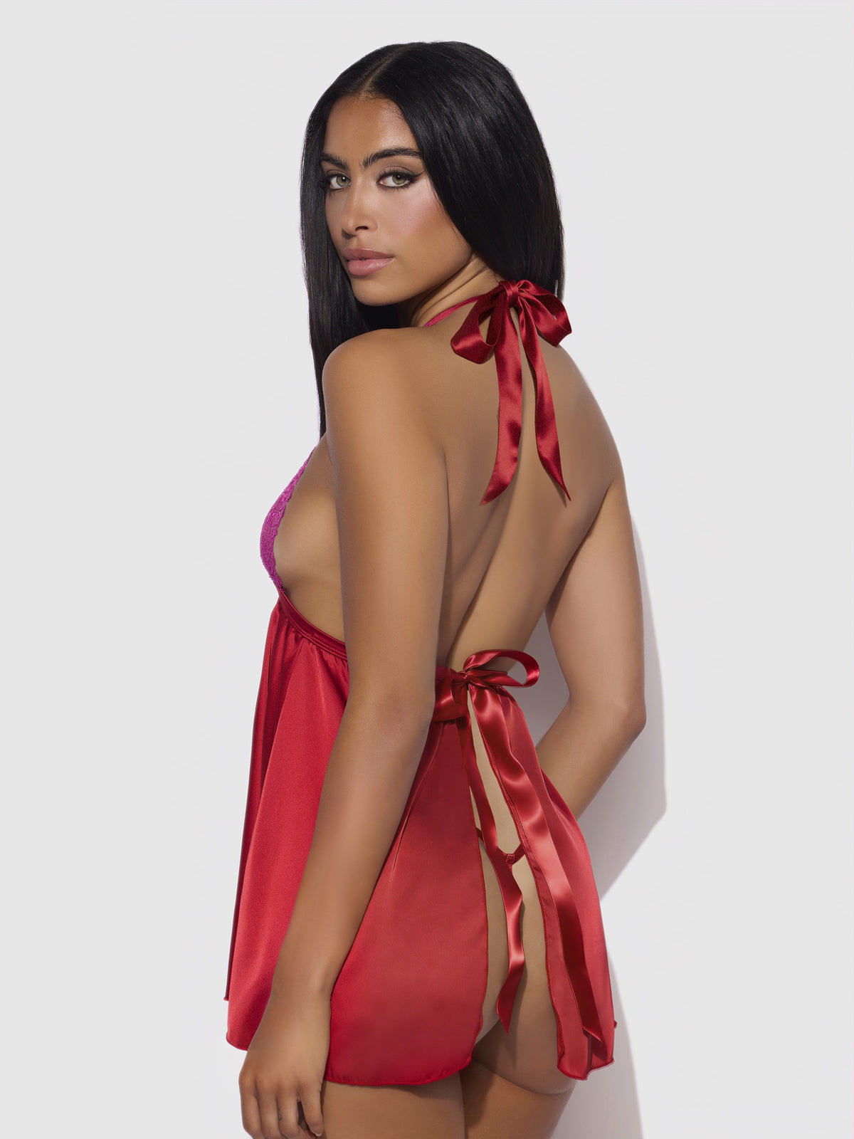 House of Desire Jocelyn Lace & Satin Drop Off Babydoll & G-String Set - Red - product view 2