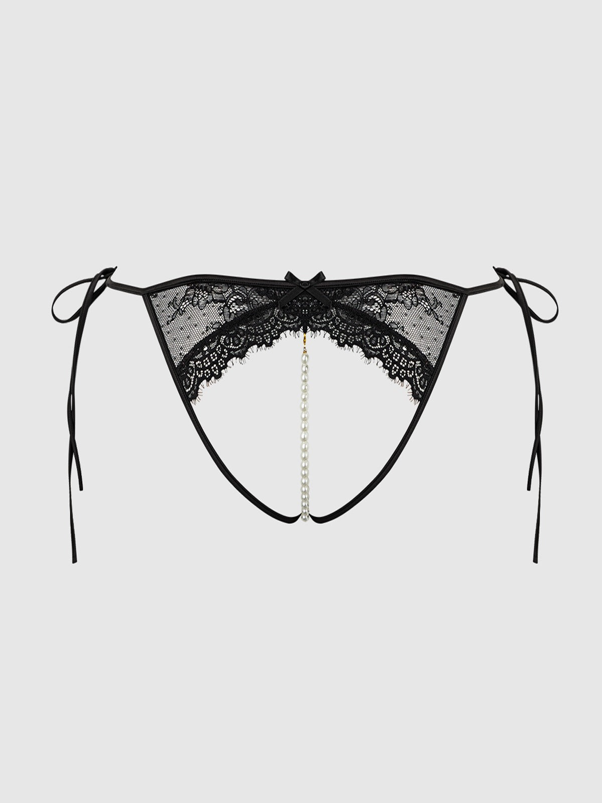 House of Desire Jocelyn Lace & Pearl Crotchless Tie Side Bikini - Black - product view 4