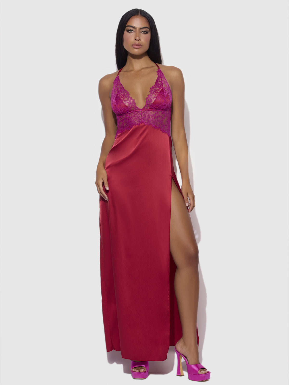 House of Desire Jocelyn Satin & Lace Long High Slit Gown - Red - model wearing the product