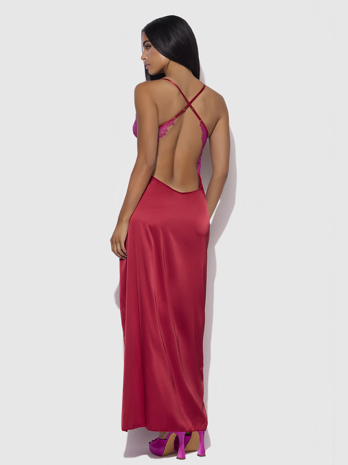 House of Desire Jocelyn Satin & Lace Long High Slit Gown - Red - product view 2
