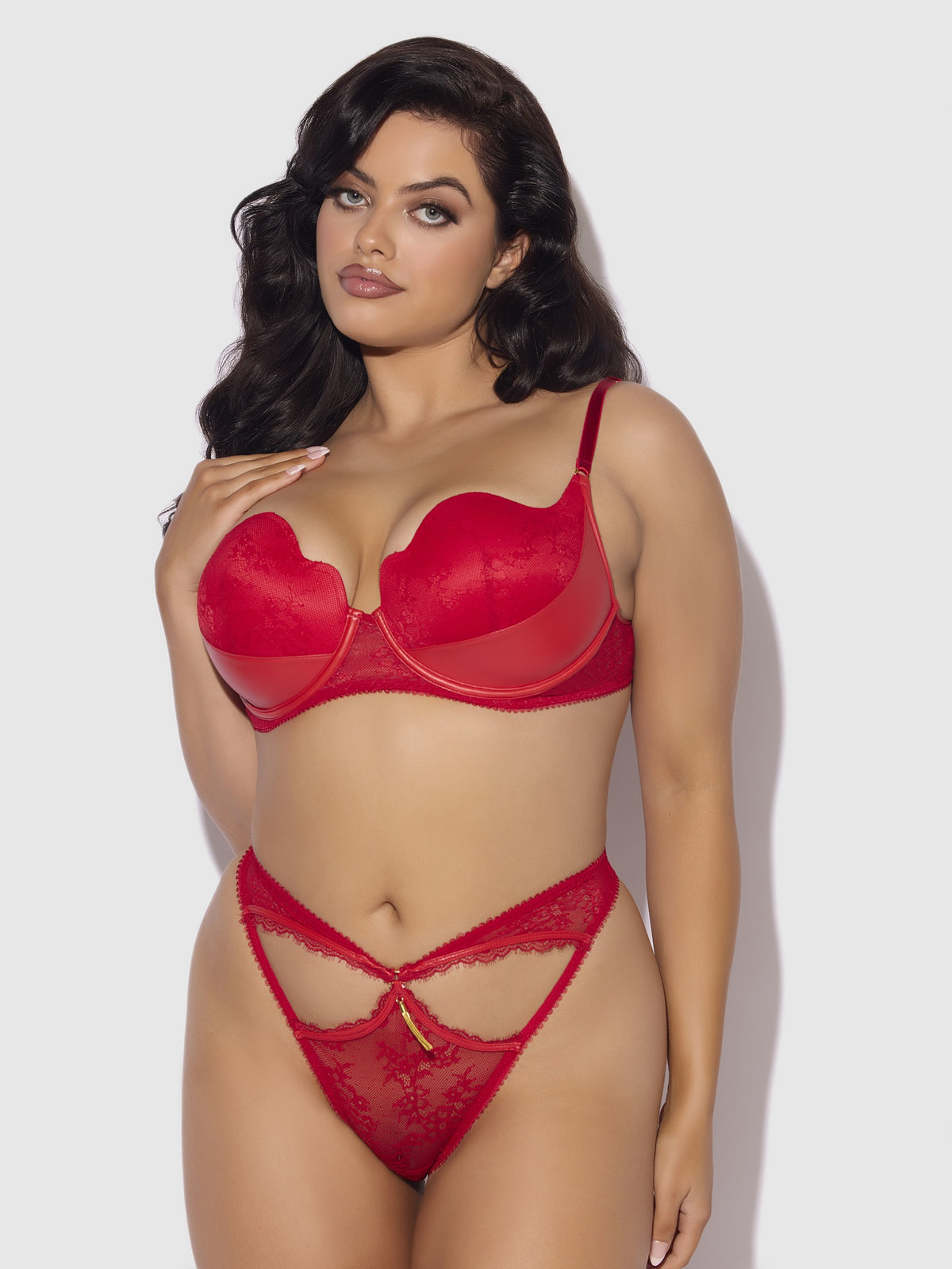House of Desire Kiki Lace & Faux Leather Balconette & Open Back Hipster Set - Red - product view 6