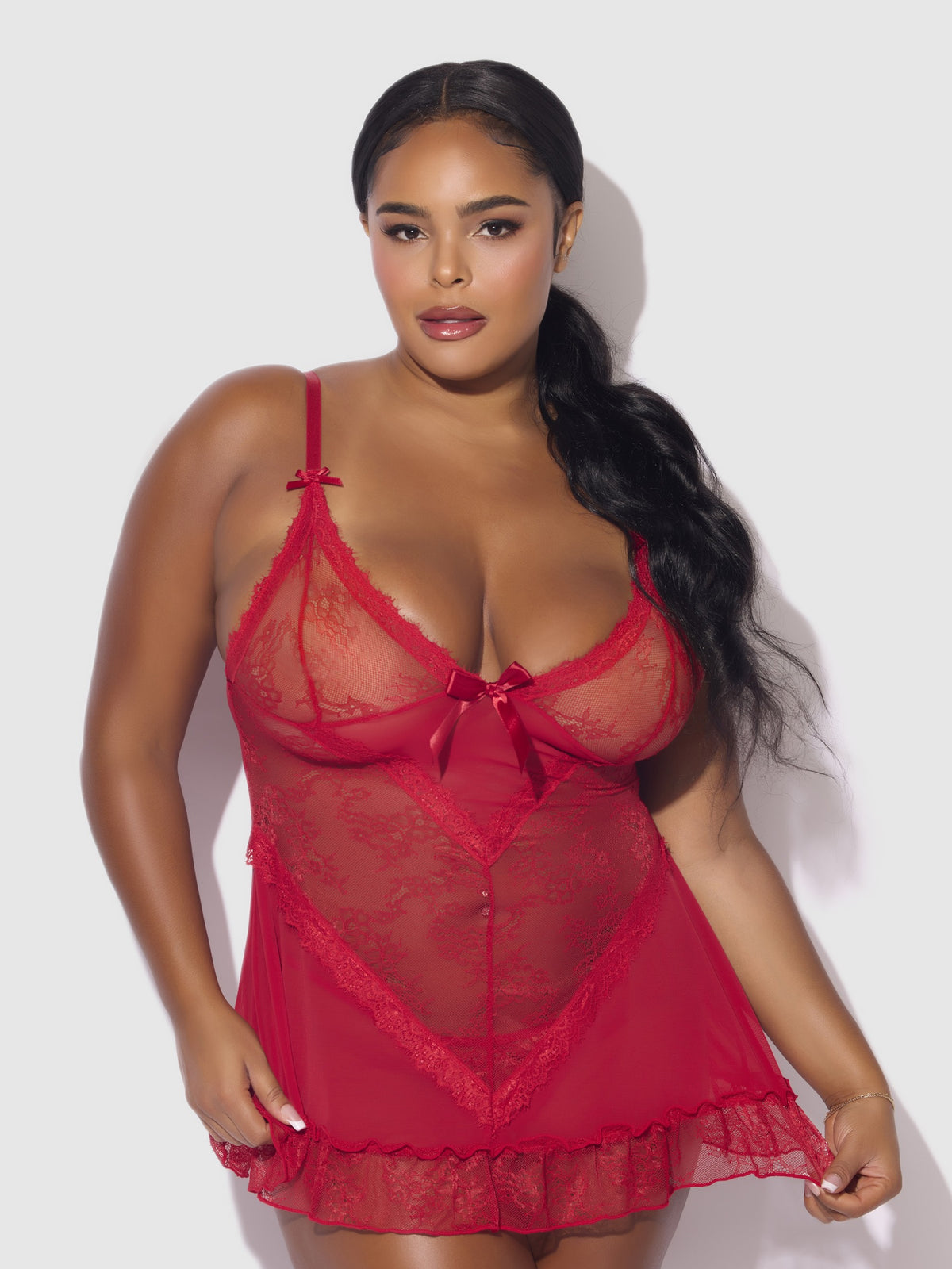 House of Desire Kiki Lace Babydoll & G-String Set - Red - product view 6