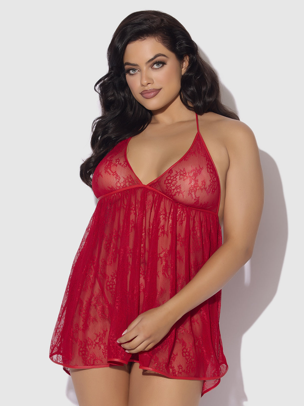 House of Desire Kiki Lace & Faux Leather Drop Off Babydoll Set - Red - product view 9