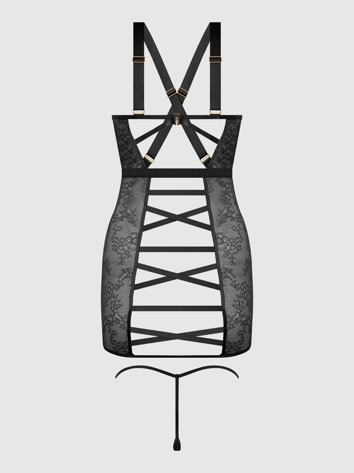 House of Desire Kiki Lace Strappy & Backless Chemise & G-String Set - Black - product view 10