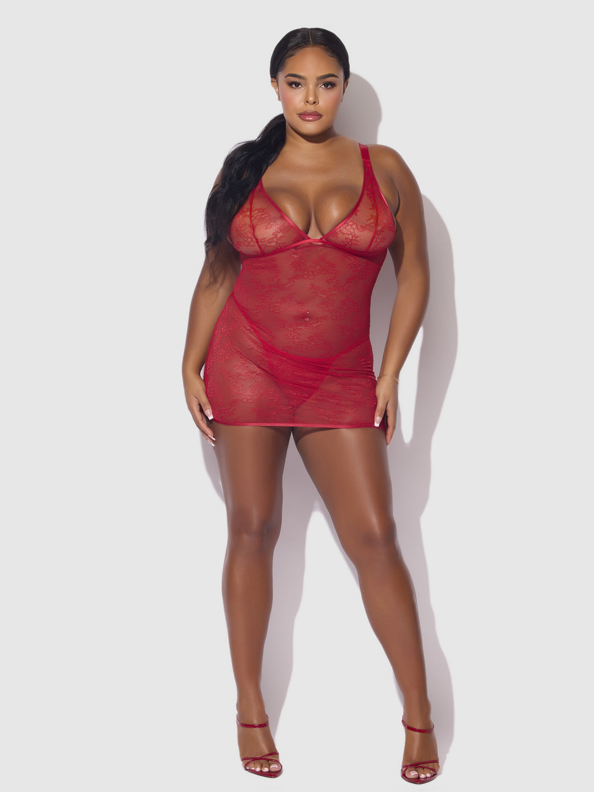 House of Desire Kiki Lace Strappy & Backless Chemise & G-String Set - Red - product view 5