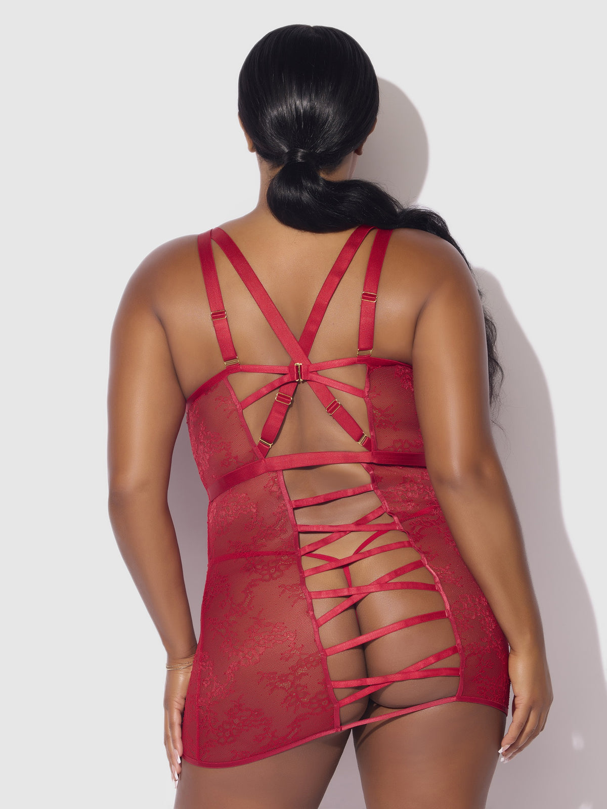House of Desire Kiki Lace Strappy & Backless Chemise & G-String Set - Red - product view 7