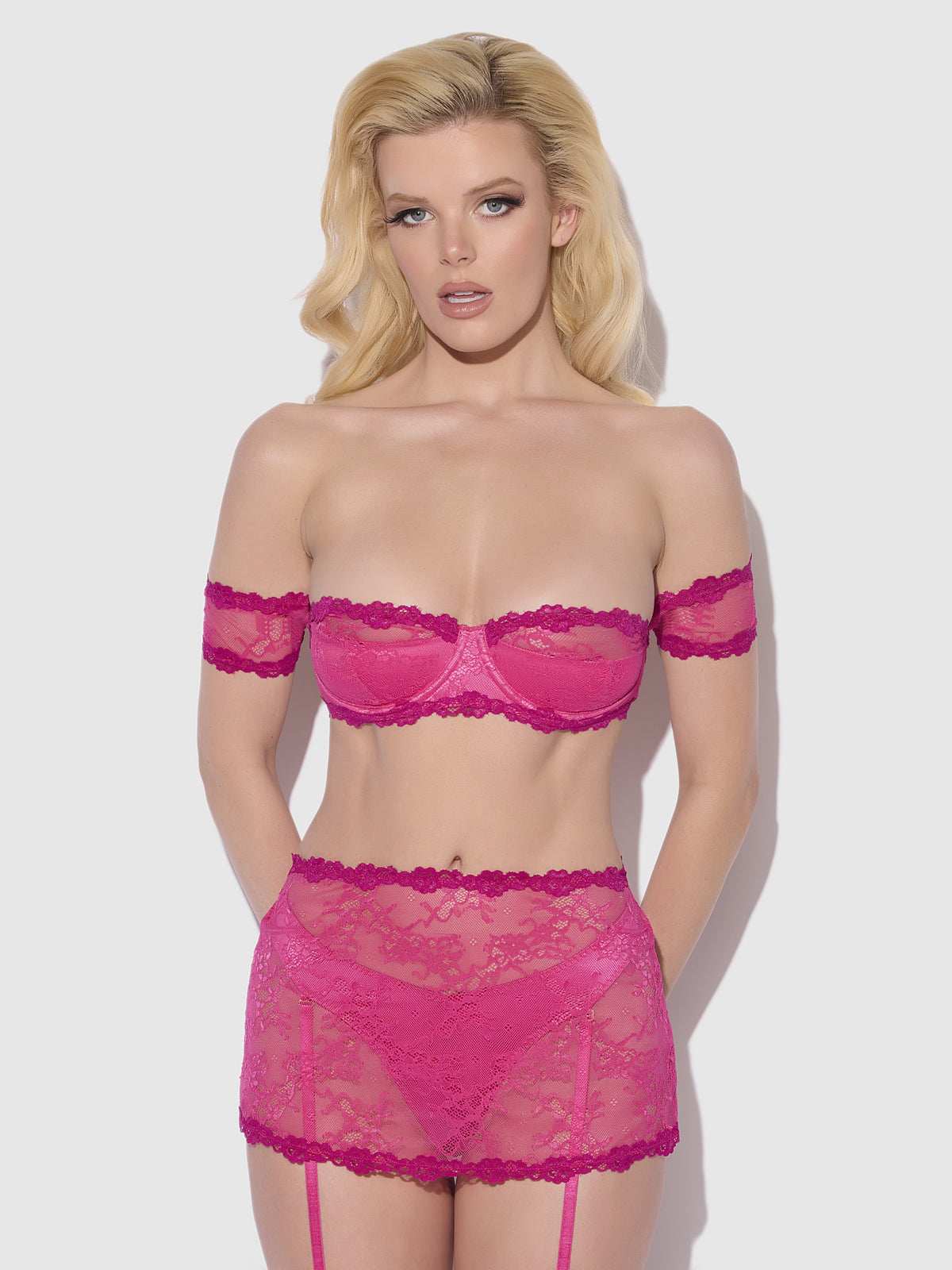 House of Desire Yvone Lace Bra & Skirted Garter Panty Set - Pink - product view 2