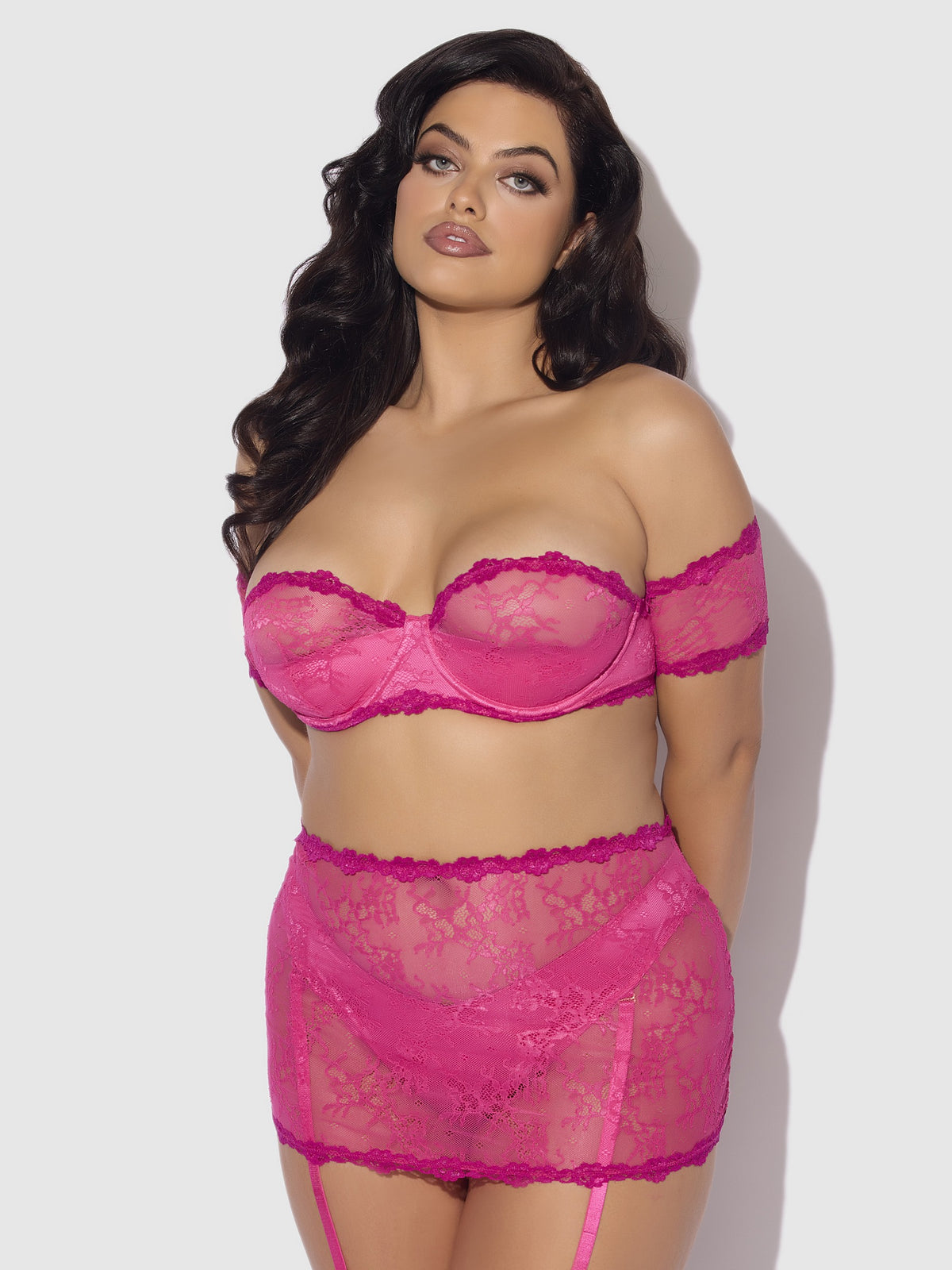 House of Desire Yvone Lace Bra & Skirted Garter Panty Set - Pink - product view 4