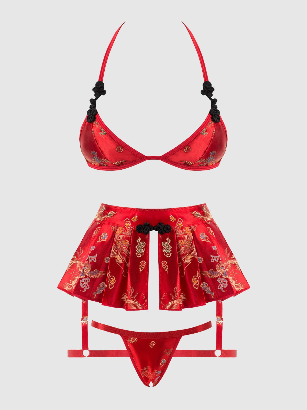 House of Desire Dragon Triangle Bralette, Skirted Garter & Thong Set - Red - product view 5